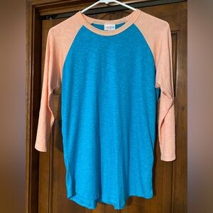 LuLaRoe Blue and Peach Baseball Sleeve Shirt